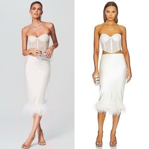 NWT RETROFETE Ivory Satin Genuine Ostrich Feather Trim Hem Midi Pencil Skirt S